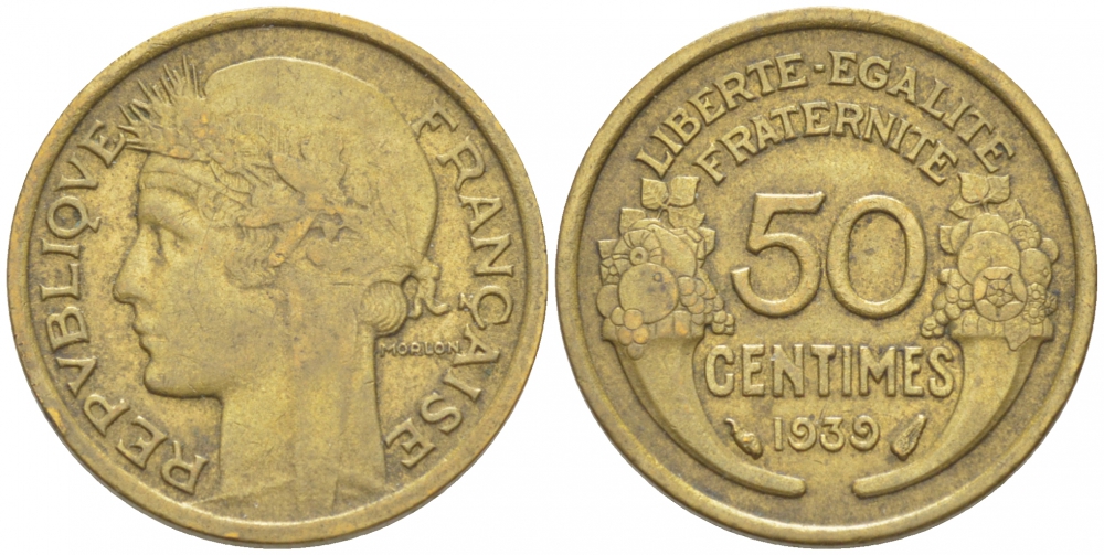 ФРАНЦИЯ 50 САНТИМОВ 1939 ТИП МОРЛОН KM 894.1, LE FRANC 192.15 алюминиевая бронза 3309-1035