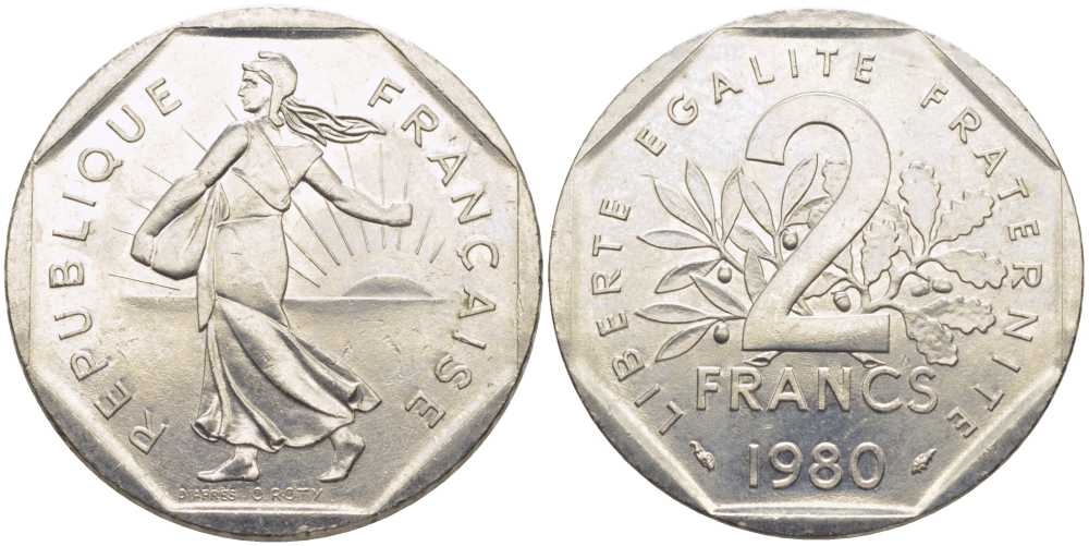 ФРАНЦИЯ 2 ФРАНКА 1980 СЕЯТЕЛЬ KM 942.1, LE FRANC 272.4 никель 111-1111
