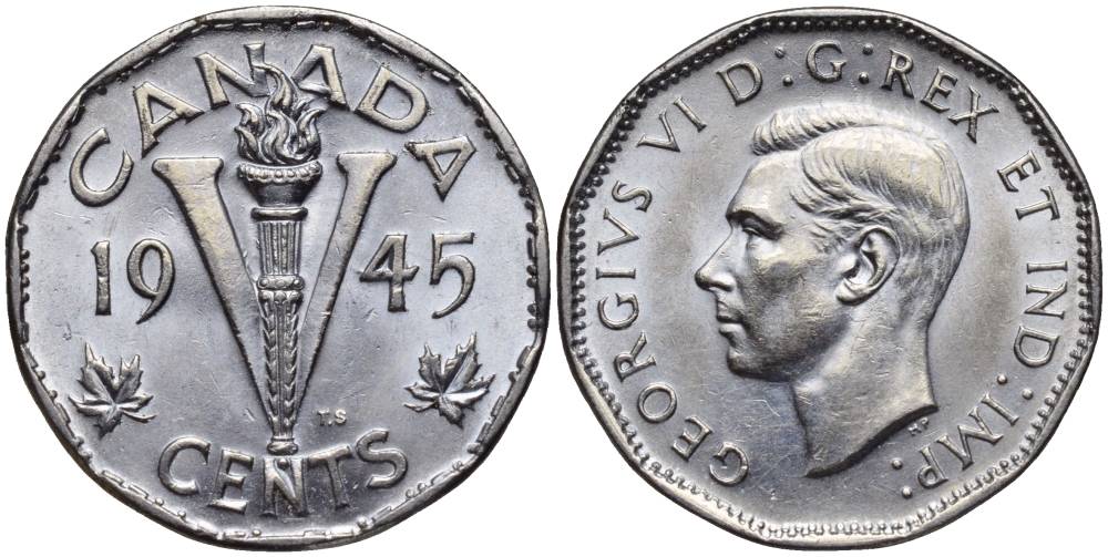 Канада 5 центов 1945 Георг VI (1937-1952) KM 40а сталь плакированная хромом 27-517