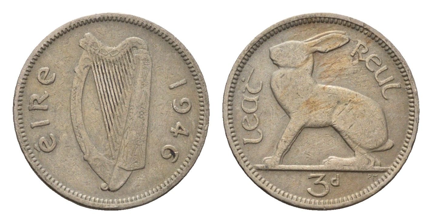 Ирландия 3 пенса 1946 заяц KM 12a медно-никель 3851-923