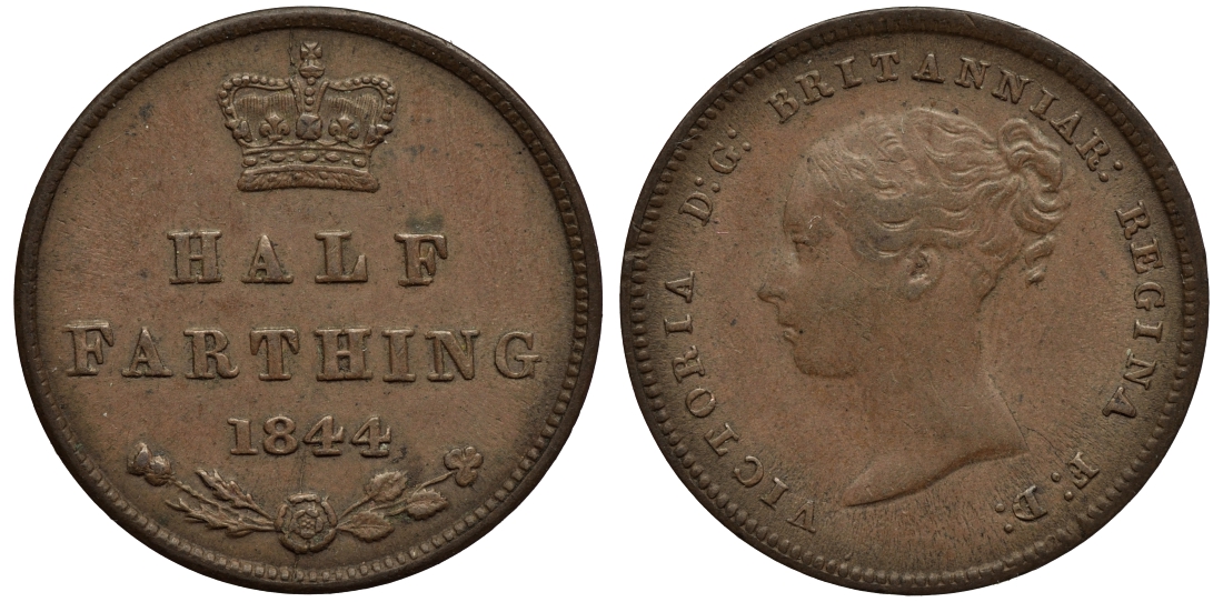 Великобритания 1/2 фартинга 1844 Виктория (1837-1901) KM 738, Spink 3951 медь 1523-615