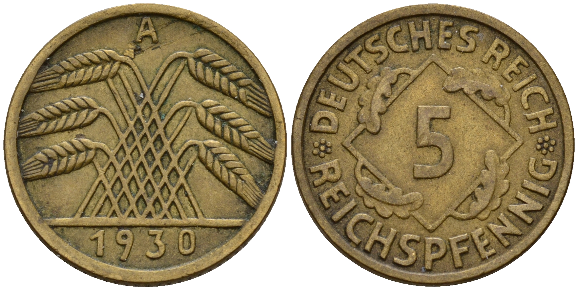 Германия 5 рейхспфеннигов 1930 A J.316, KM 39 алюминиевая бронза    4598-1165