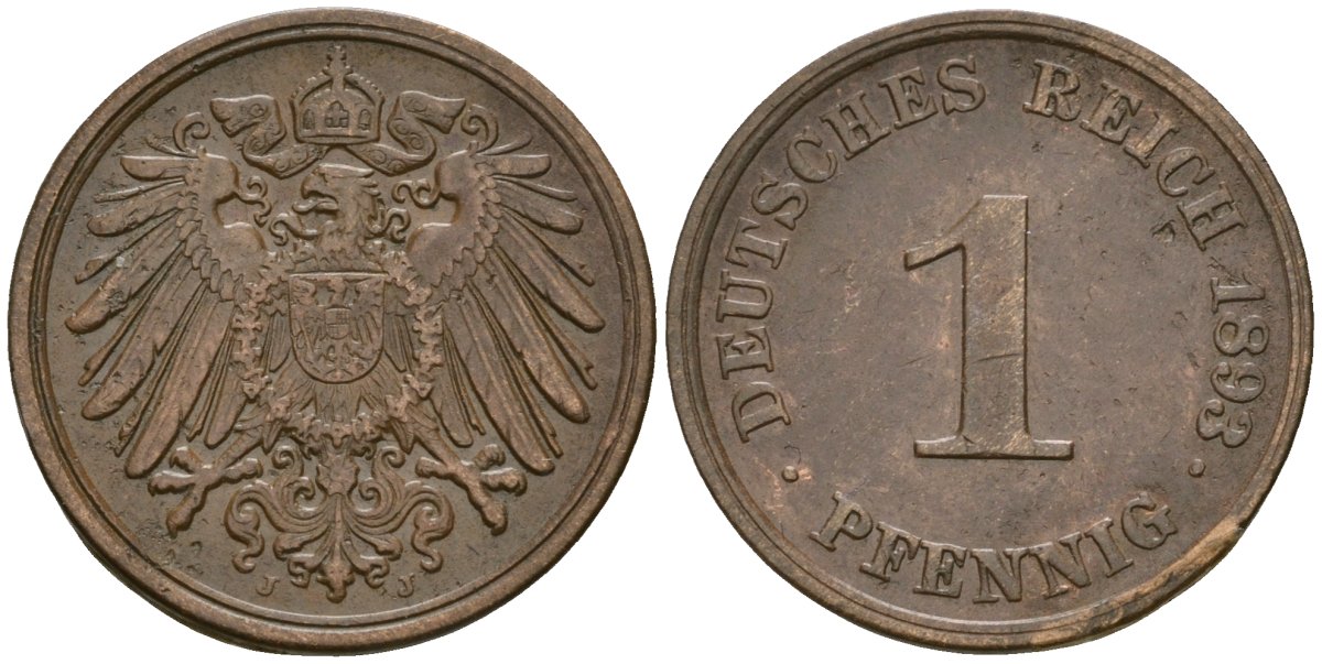 Германия 1 пфенниг 1893 J, Вильгельм II (1888-1918) KM 10, J. 10 медь 1524-1034