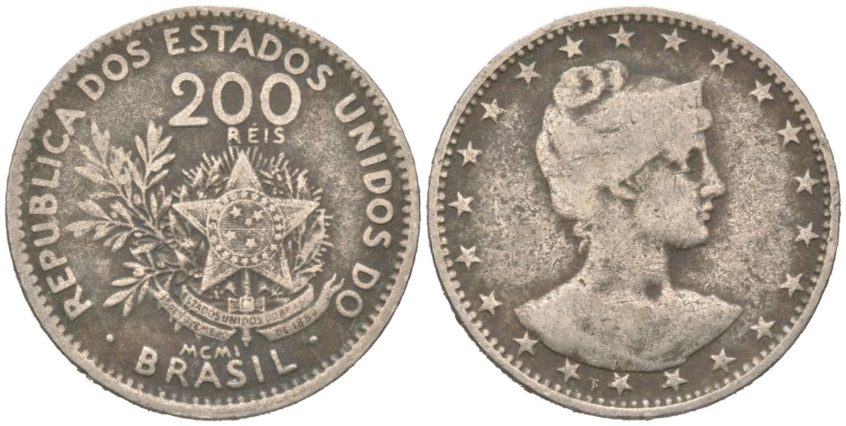 Бразилия 200 реалов 1901 MCMI, голова свободы вправо KM 504 медно-никель 4612-344