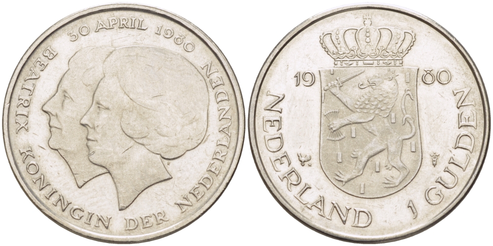 Нидерланды 1 гульден 1980 на коронацию Беатрикс, 30 апреля 1980 KM 200 никель 31-821