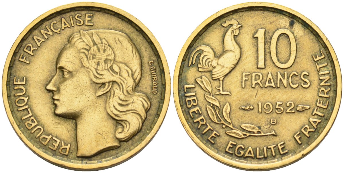 Франция 10 франков 1952 B, петух KM 915.2, Le Franc 363.5 алюминиевая бронза 4591-1111