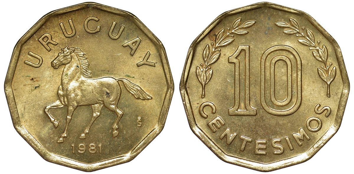 Уругвай 10 сентесимо 1981 KM 66 алюминиевая бронза 4169-537