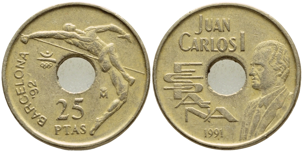 Испания 25 песет 1991 Олимпийские игры в Барселоне 1992 года, прыжки в высоту, Хуан Карлос I (1975-2014) KM 851 никель бронза 4397-614