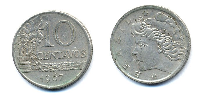 БРАЗИЛИЯ 10 СЕНТАВО 1967 KM 578.1 медно-никель 51-5143