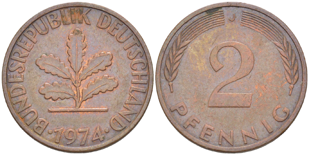 ФРГ 2 ПФЕННИГА 1974 J KM 106а, J. 381а сталь плакированная сталь плакированная медьюю 4181-812