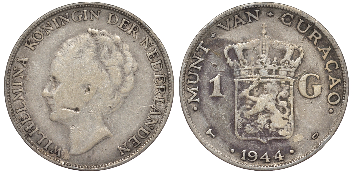 Нидерландское Кюрасао 1 гульден 1944 D, Вильгельмина (1890-1948) KM 45 серебро 36-716