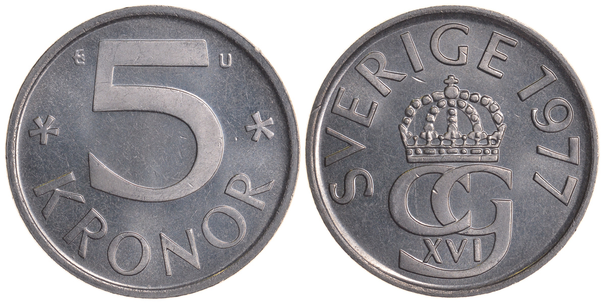 Швеция 5 крон 1977 U Карл XVI Густав (1973- ) KM 853 медно-никель UNC 59-236