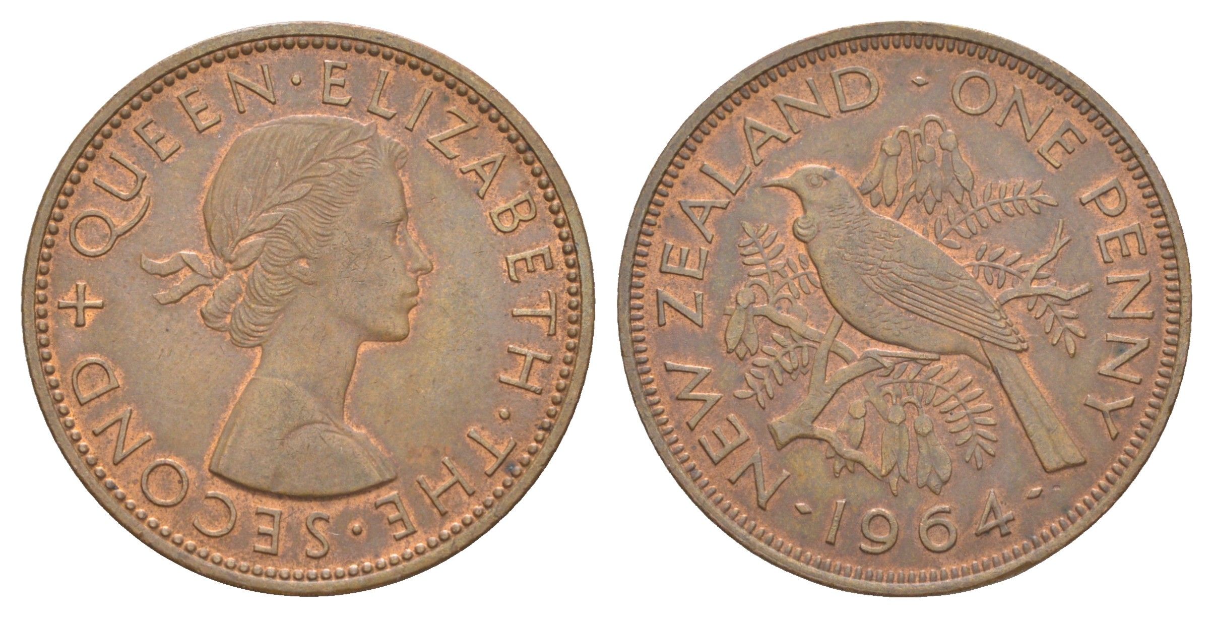 Новая Зеландия 1 пенс 1964 Елизавета II (1952-2022), новозеландский туи KM 24.2 бронза aUNC 4645-933