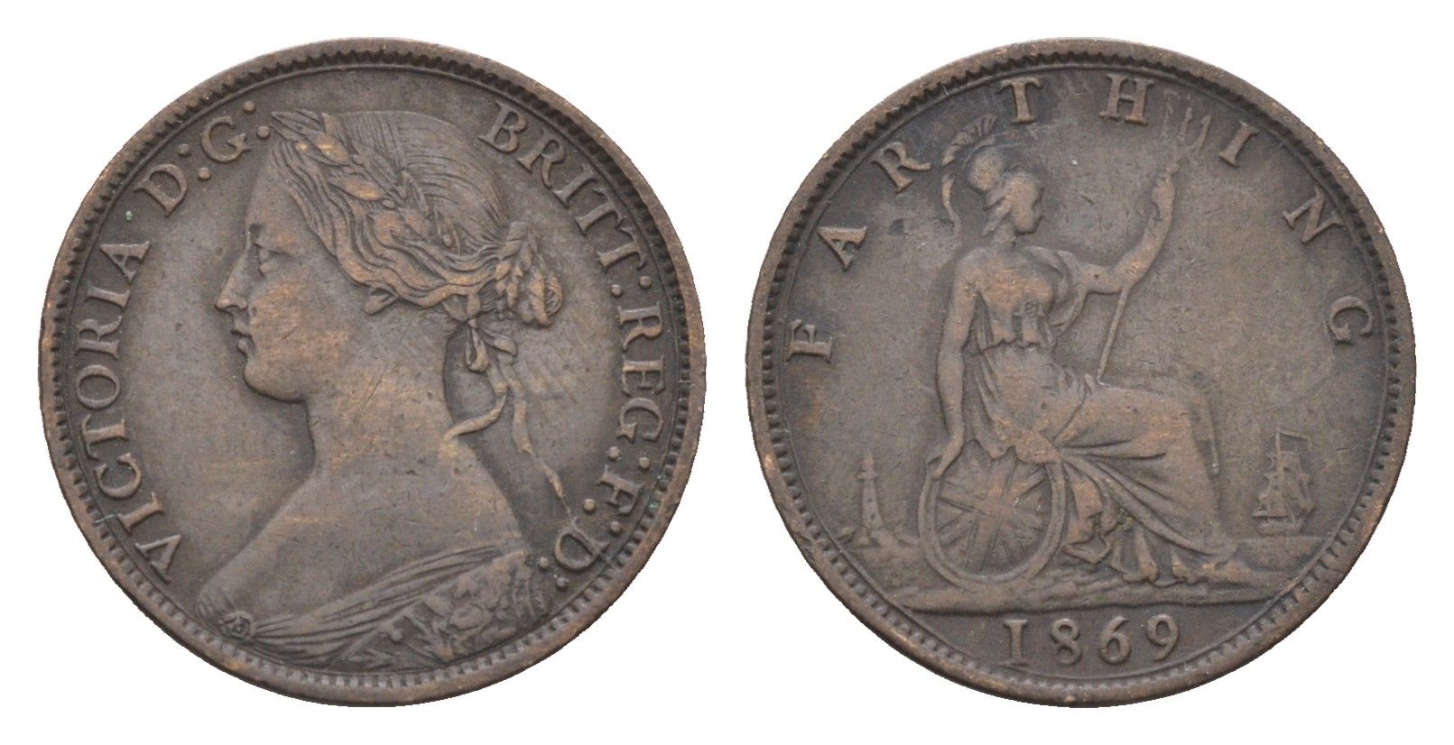 Великобритания 1 фартинг 1869 Виктория (1837-1901) KM 747.2, Spink 3958 бронза 5010-2035