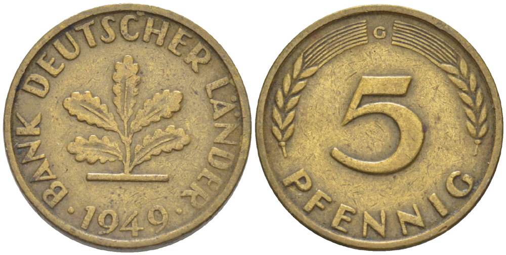 ФРГ 5 ПФЕННИГОВ 1949 G KM 102, J. 377 сталь плакированная латунью 4181-863