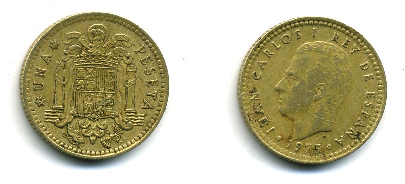 ИСПАНИЯ 1 ПЕСЕТА 1975 (77) ХУАН КАРЛОС I (1975-) КМ 806 алюминиевая бронза 4364-654