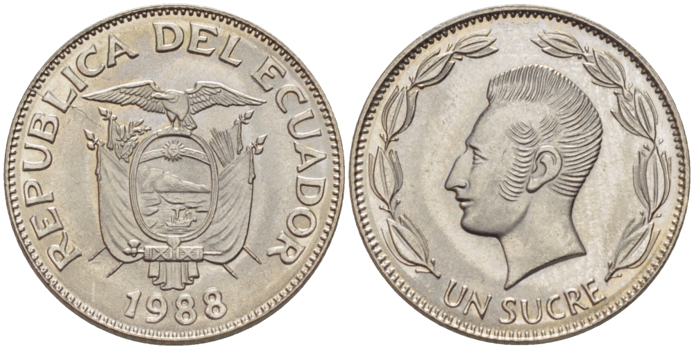 ЭКВАДОР 1 СУКРЕ 1988 АНТОНИО ХОСЕ де СУКРЕ KM 89 сталь плакированная никелем UNC 66-921