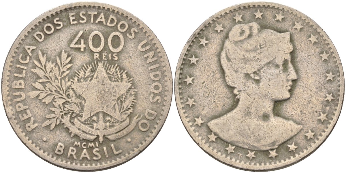 Бразилия 400 рейс 1901 голова свободы вправо KM 505 медно-никель 4367-144