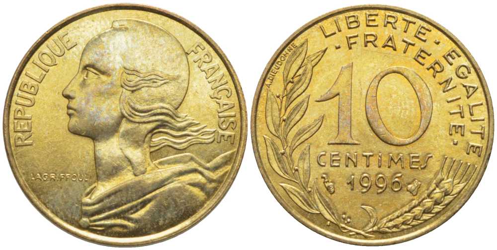 ФРАНЦИЯ 10 САНТИМОВ 1996 ТИП MARIANNE KM 929, LE FRANC 144.40 медь алюминий никель 116-432