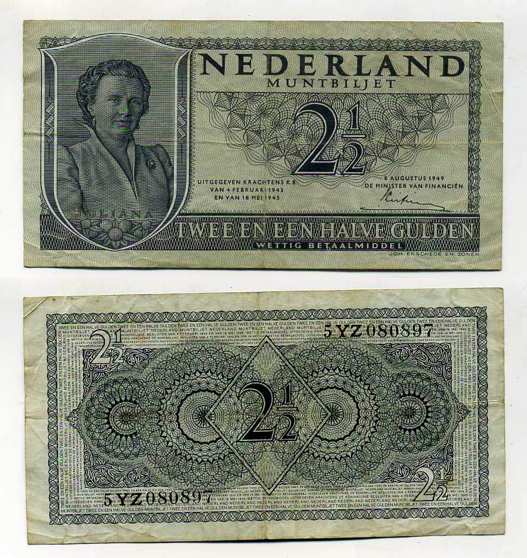НИДЕРЛАНДЫ 2 1/2 ГУЛЬДЕНА 1945 1 цифра 2 буквы 6 цифр Pick 71, Akker 14.1a бумага 6293-6-1-1