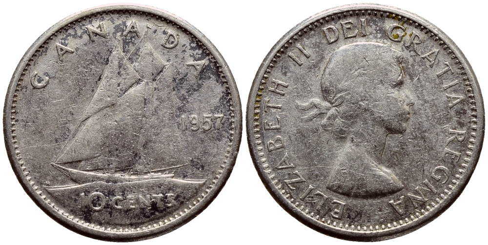 Канада 10 центов 1957 Елизавета II (1952-2022), парусник KM 51 серебро     54-261