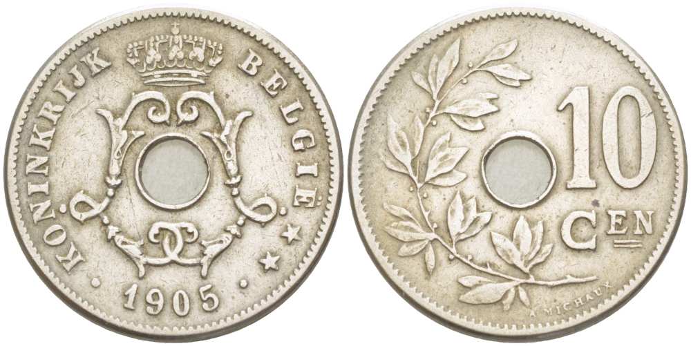 БЕЛЬГИЯ 10 САНТИМОВ 1905 BELGIE KM 53 медно-никель 210-1047
