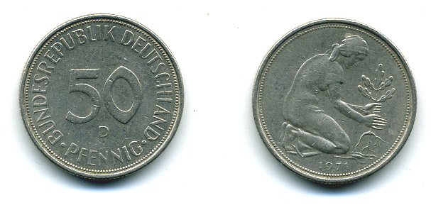 ФРГ 50 ПФЕННИГОВ 1971 D KM 109.1, J. 384 медно-никель 25-1851
