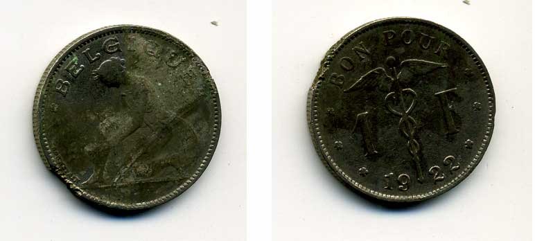 БЕЛЬГИЯ 1 ФРАНК 1922 BELGIQUE KM 89 46-1947