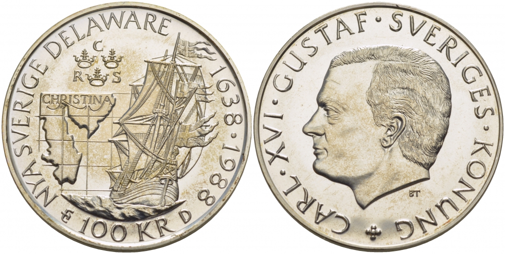 Швеция 100 крон 1988 Карл XVI Густав (1973- ), 350 лет шведской колонии Делавере KM 867.1 серебро UNC 1085-4-13