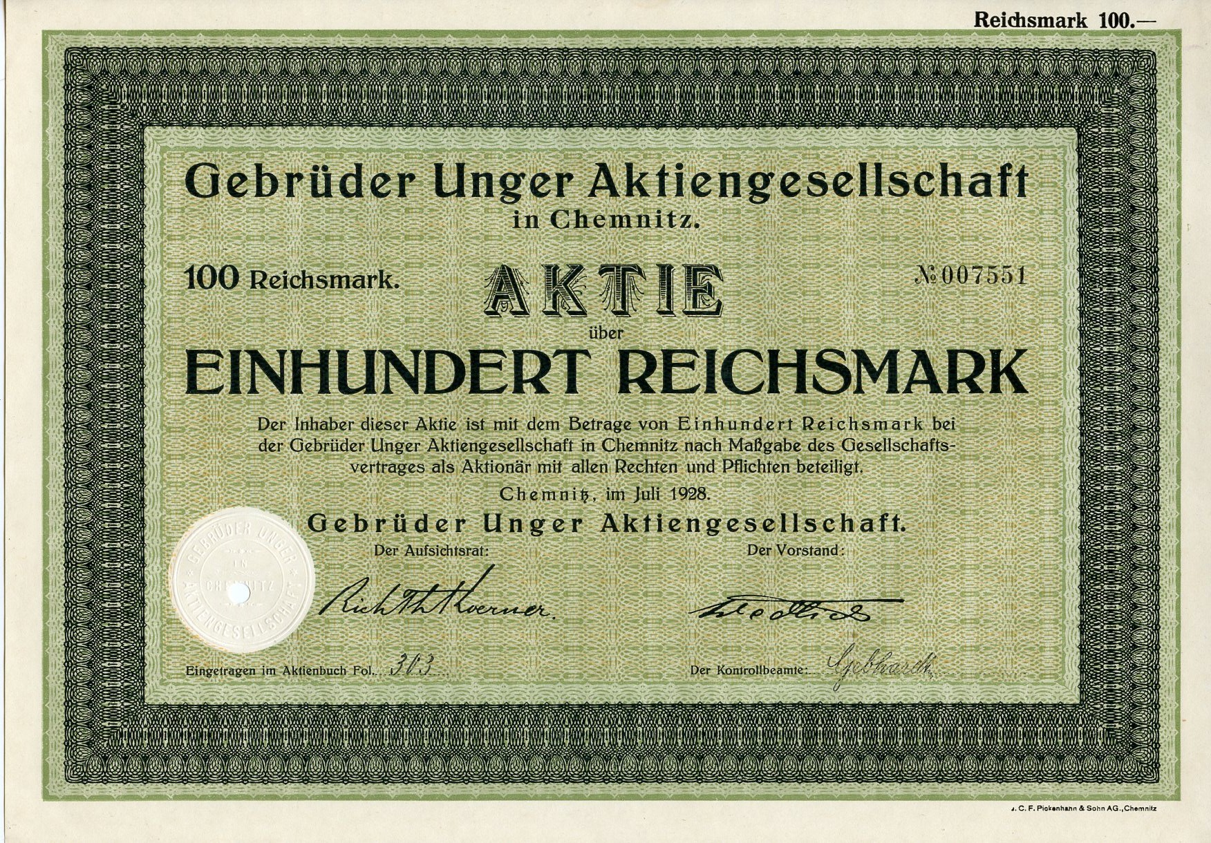 Германия 100 рейхсмарок 1928 АО Братья Унгер, производство специализированного оборудования для мясокомбинатов, колбасных и консервных заводов, Хемниц, акция   бумага  8804-86-1