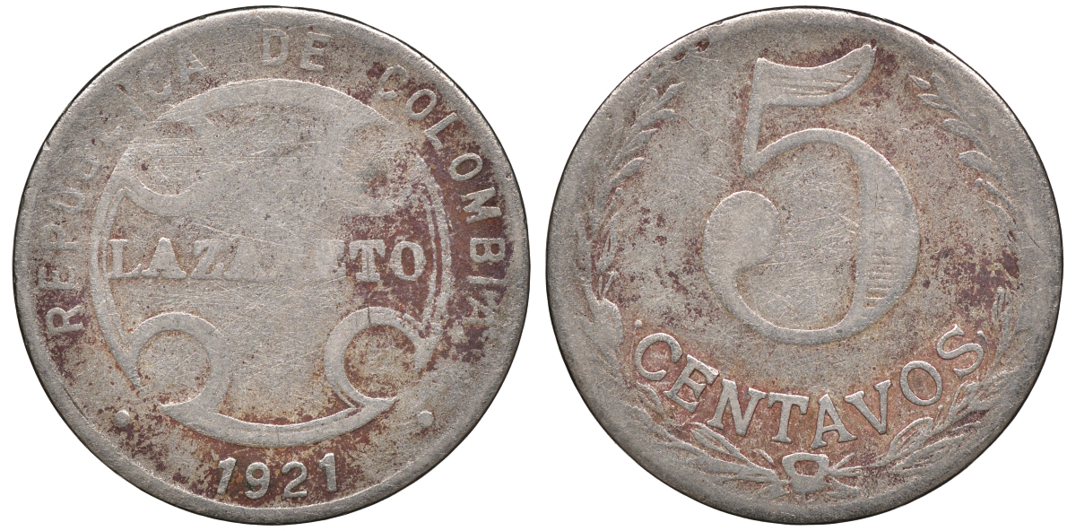 Колумбия 5 сентаво 1921 государственный лепрозорий KM L11 медно-никель 53-1031
