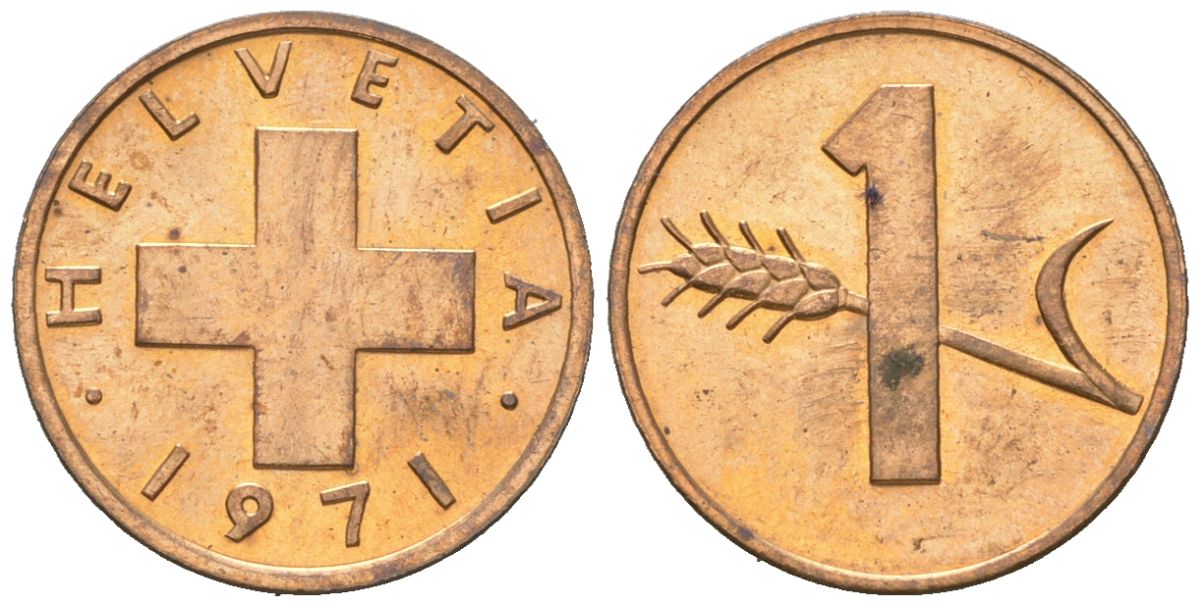 Швейцария 1 раппен 1971 KM 46 бронза aUNC 4164-313