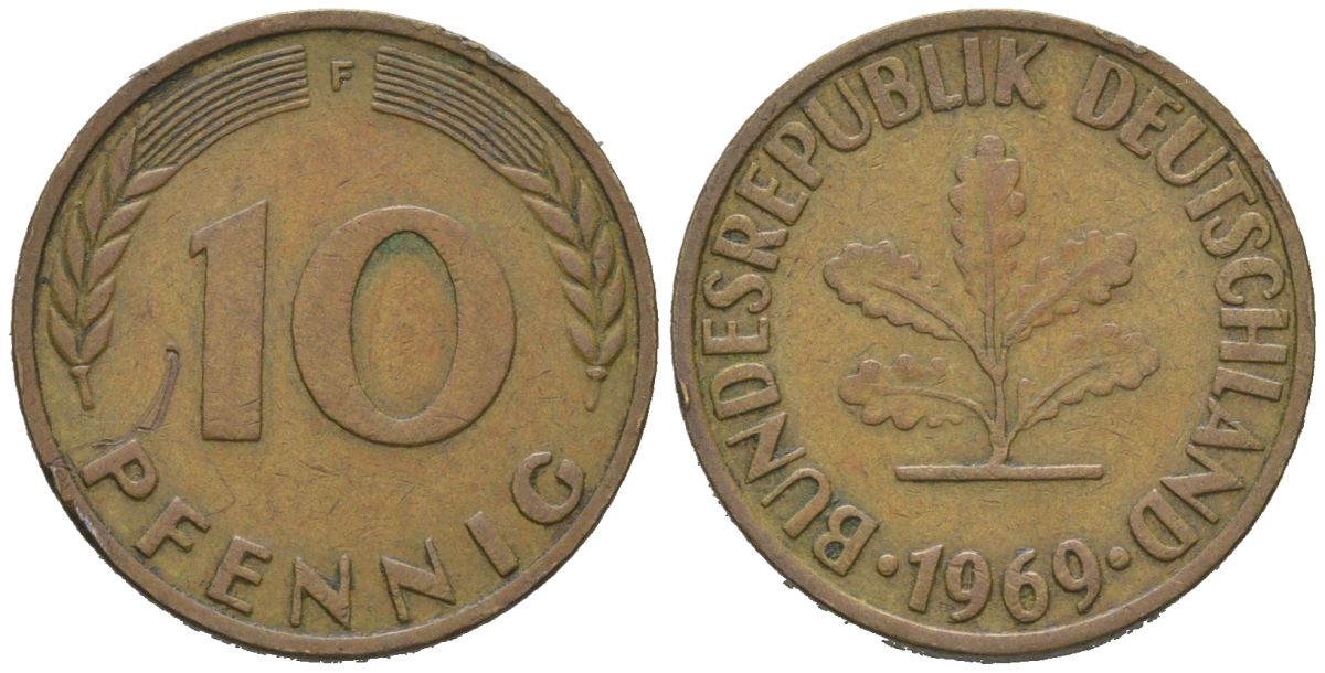 ФРГ 10 пфеннигов 1969 F KM 108, J. 383 сталь плакированная латунью 4604-1151