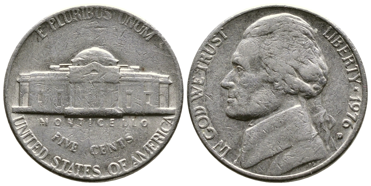 США 5 ЦЕНТОВ 1976 D, ДЖЕФФЕРСОН KM А192 медно-никель 76-625