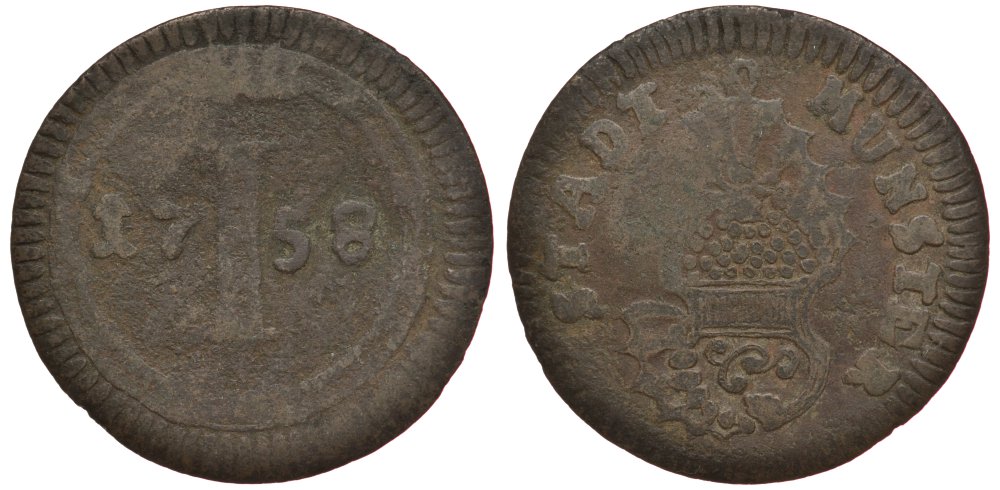 Мюнстер 1 пфенниг 1758 KM 335, Peus 60, Weingrtner 231 медь 4127-1243