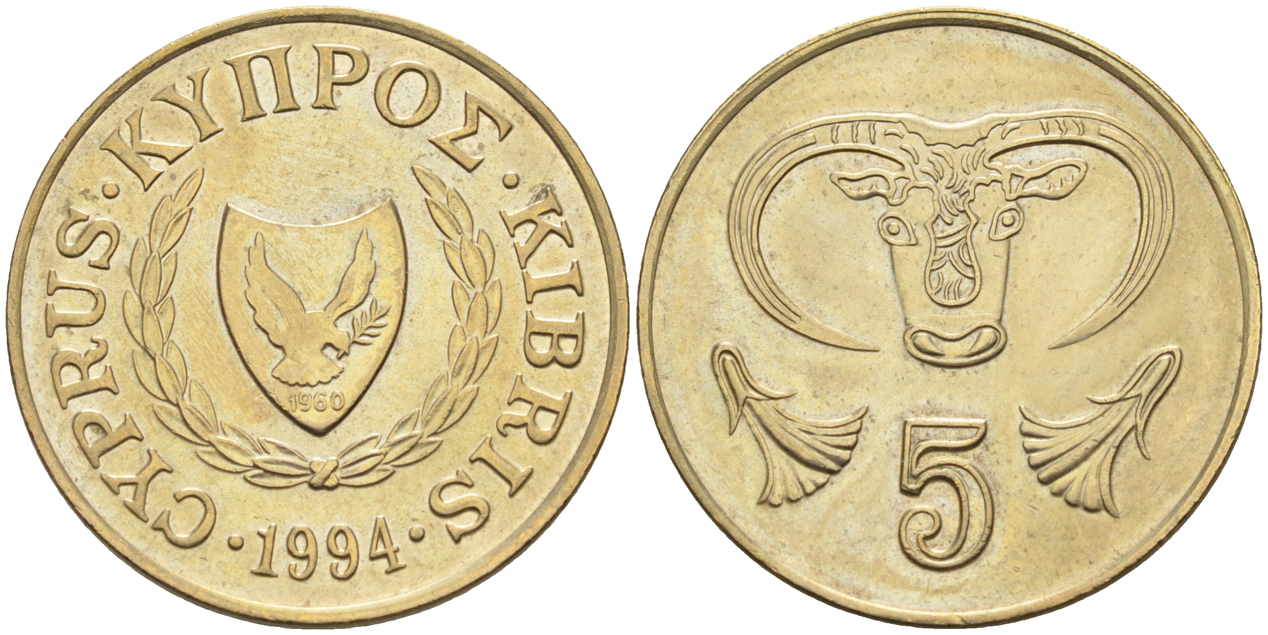 Кипр 5 центов 1994 голова быка KM 55.3 никель латунь    4595-935