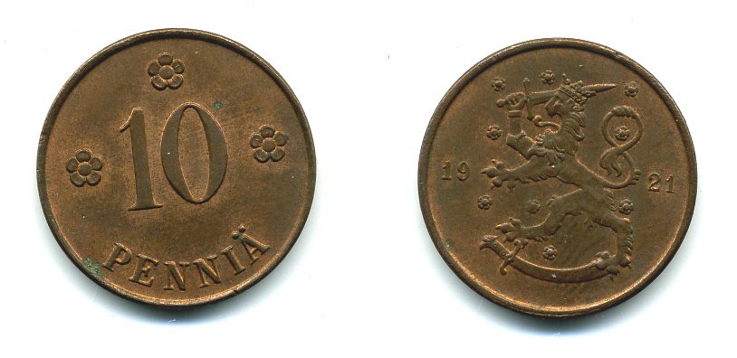 Финляндия 10 пенни 1921 республика (1918-1962) KM 24 медь 46-269