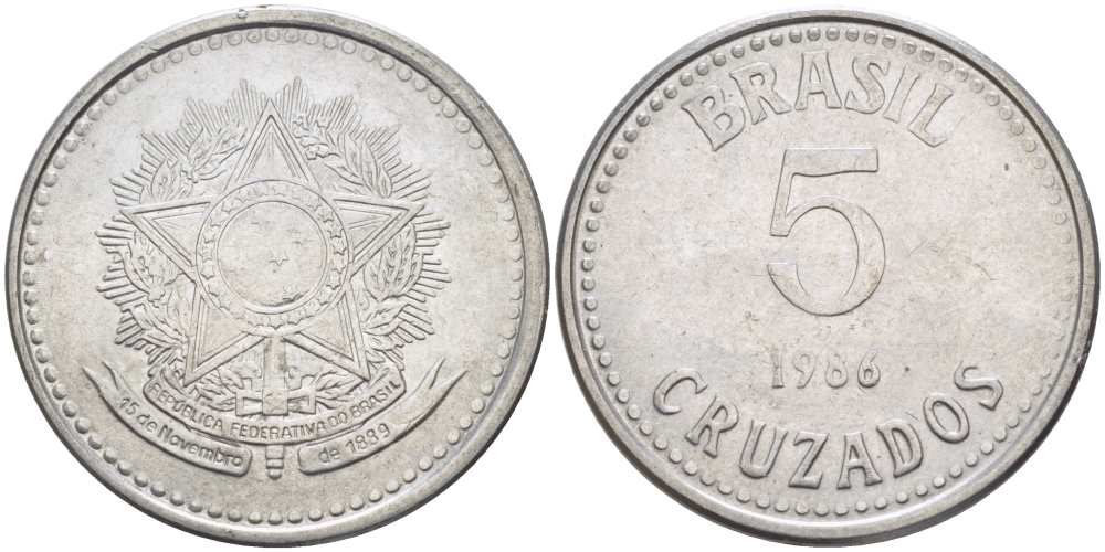 Бразилия 5 крузадо 1986 реформа (1986-1989) KM 606 нержавеющая сталь 24-714