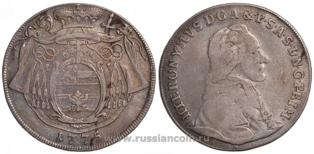Австрия, Зальцбург 1 талер 1775 M, Иеронимус фон Коллоредо (1772-1812) Dav. 1263, KM 435 серебро 00-806-19