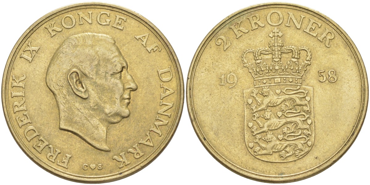 Дания 2 кроны 1958 C; S, Фредерик IX (1947-1972) KM 837.2 алюминиевая бронза 4512-933