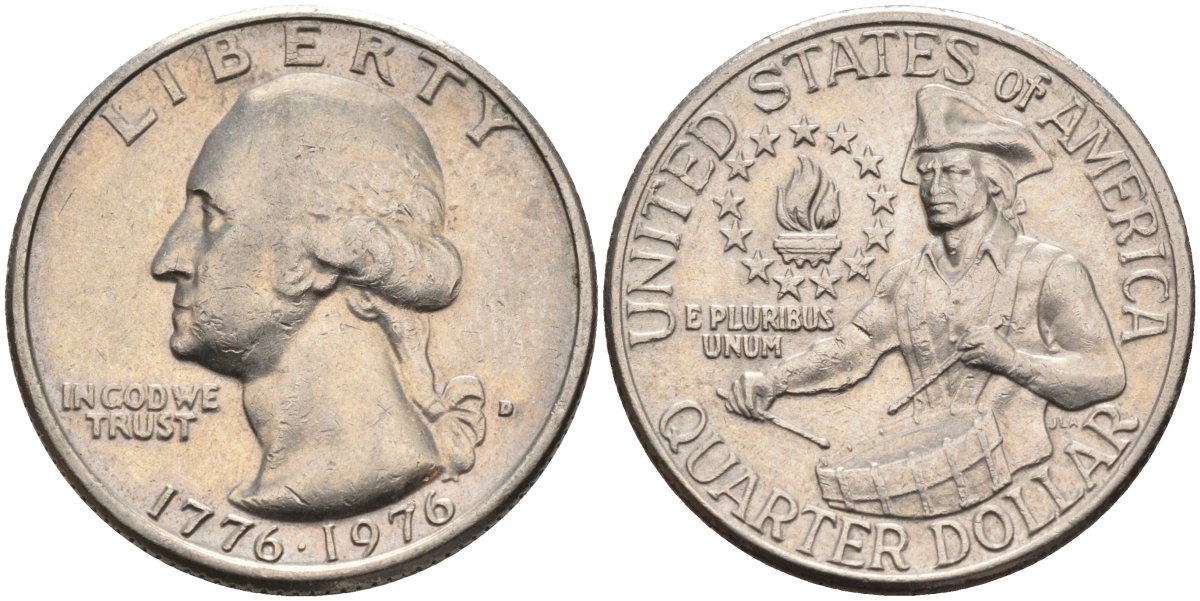 США 25 центов = квотер 1976 D, 200 лет независимости (1776-1976), Вашингтон, барабанщик KM 204 медь плакированная медно-никелем 4584-1045