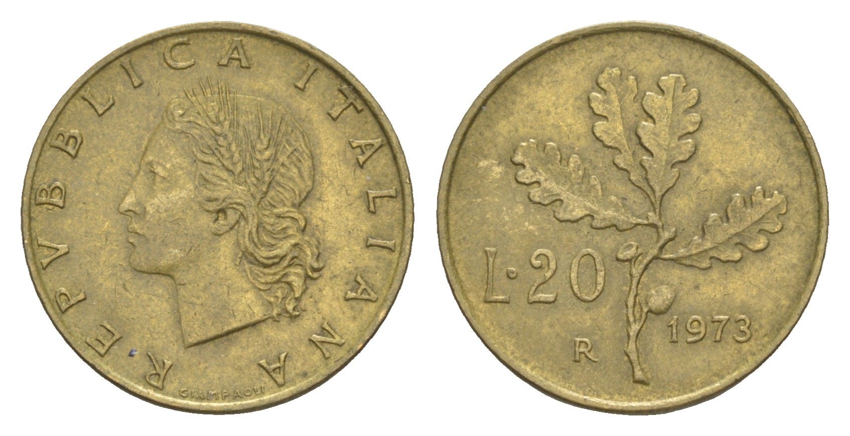 Италия 20 лир 1973 R, дубовая ветвь KM 97.2 алюминиевая бронза 4549-132