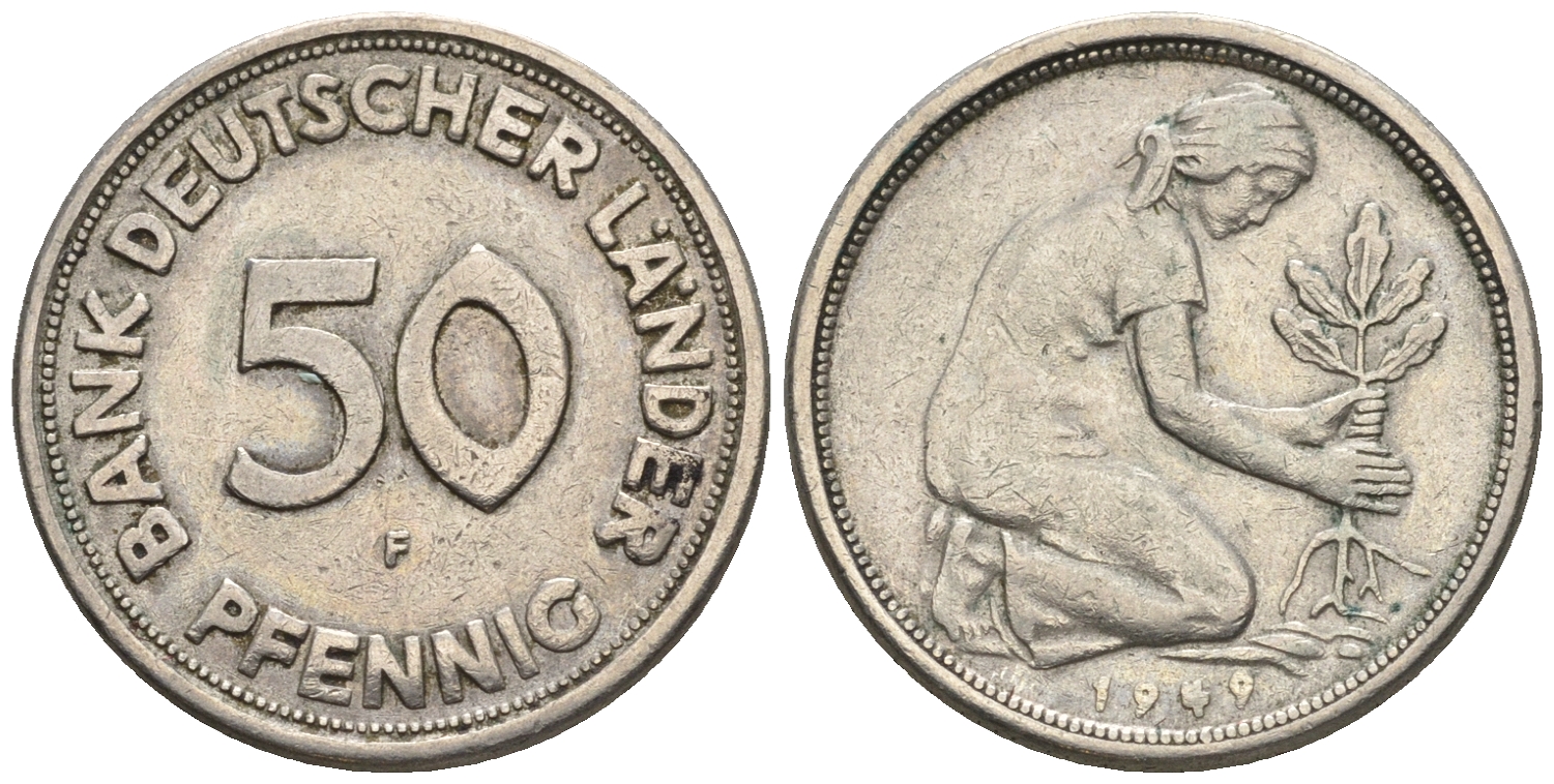 ФРГ 50 пфеннигов 1949 F KM 104, J. 379 медно-никель 60-1157