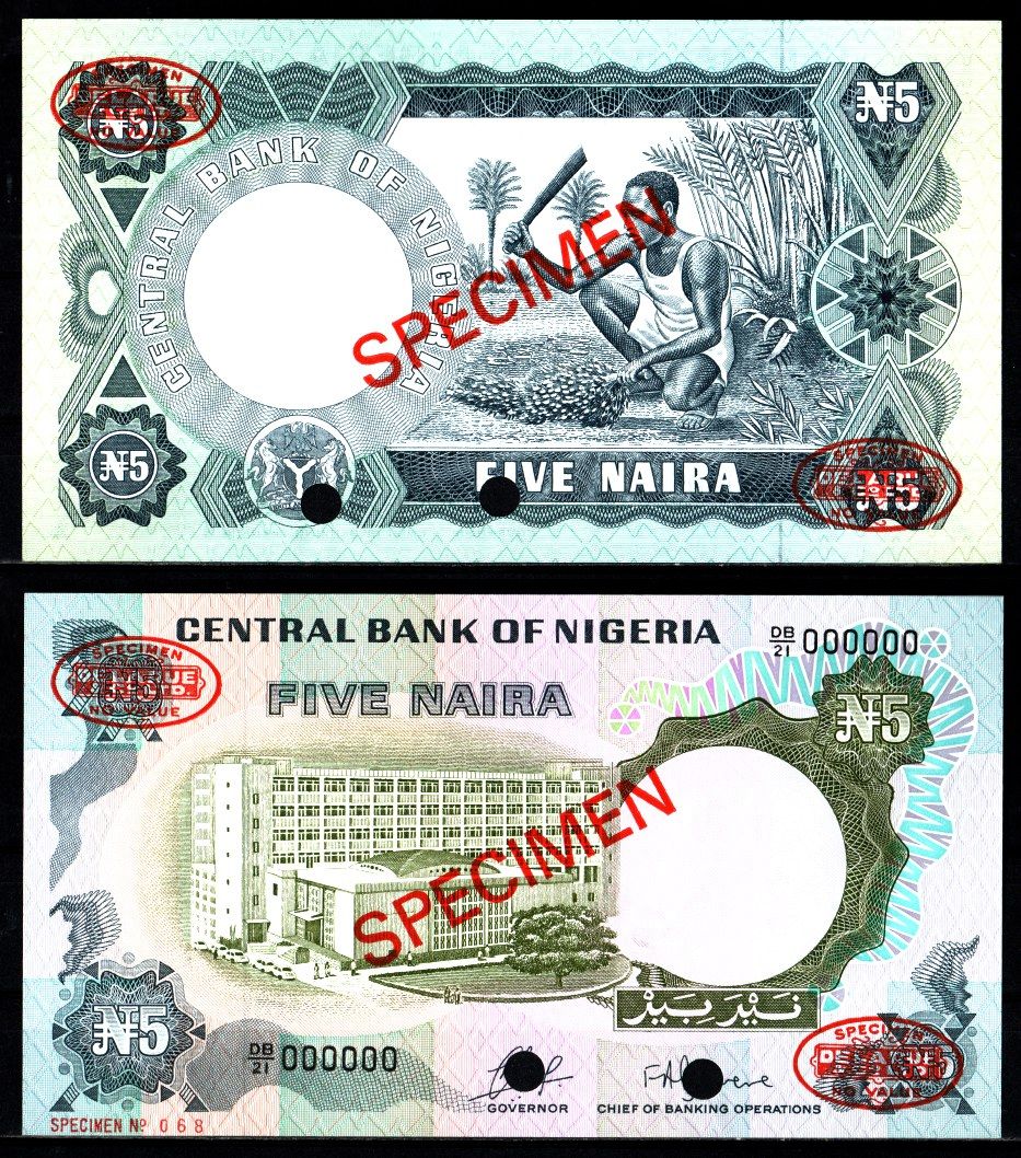 Нигерия 5 найра ND (1973-1978) SPECIMEN - ОБРАЗЕЦ. Перфорация. Pick 16 a бумага UNC (пресс) 451-1192-3