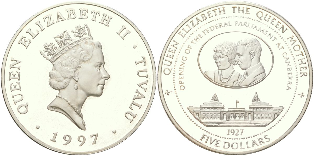 Тувалу 5 долларов 1997 Открытие федерального парламента в Канберре KM 45 серебро PROOF 01-233-43