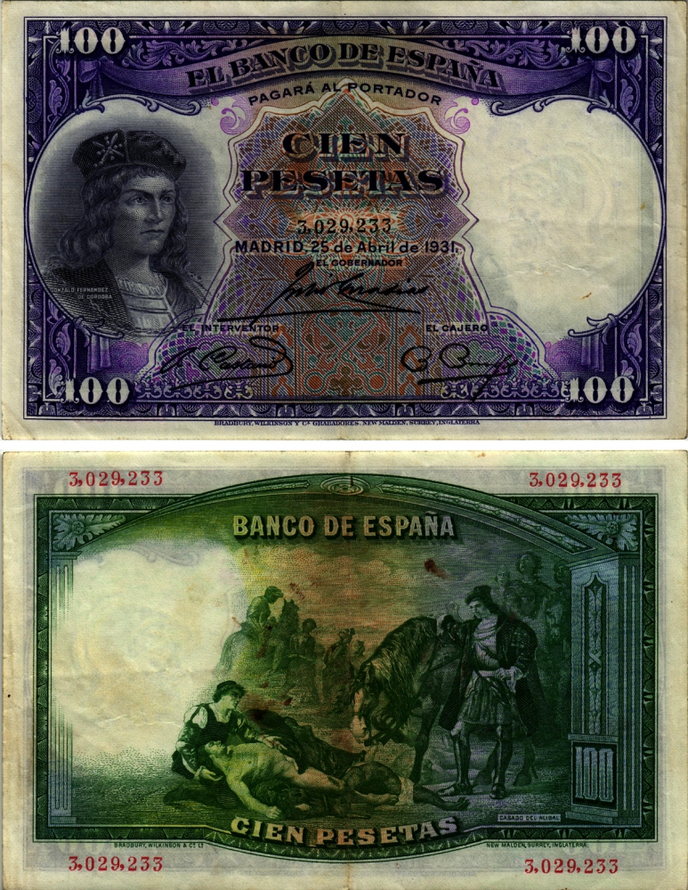 Испания 100 песет 1931 Гонсало Фернандес де Кордова, картина Касадо дель Алисаль Pick 83 бумага VF-XF 2192-96-2-1