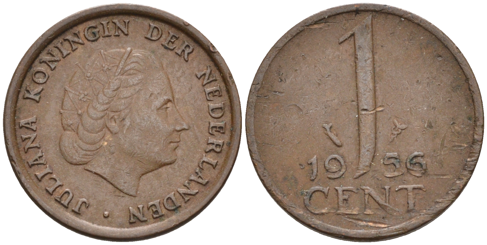Нидерланды 1 цент 1956 Юлиана (1948-1980) КМ 180 бронза    4174-549