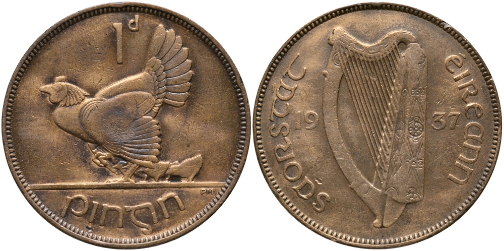 ИРЛАНДИЯ 1 ПЕННИ 1937 КУРИЦА С ЦЫПЛЯТАМИ KM 3 бронза 650-1644