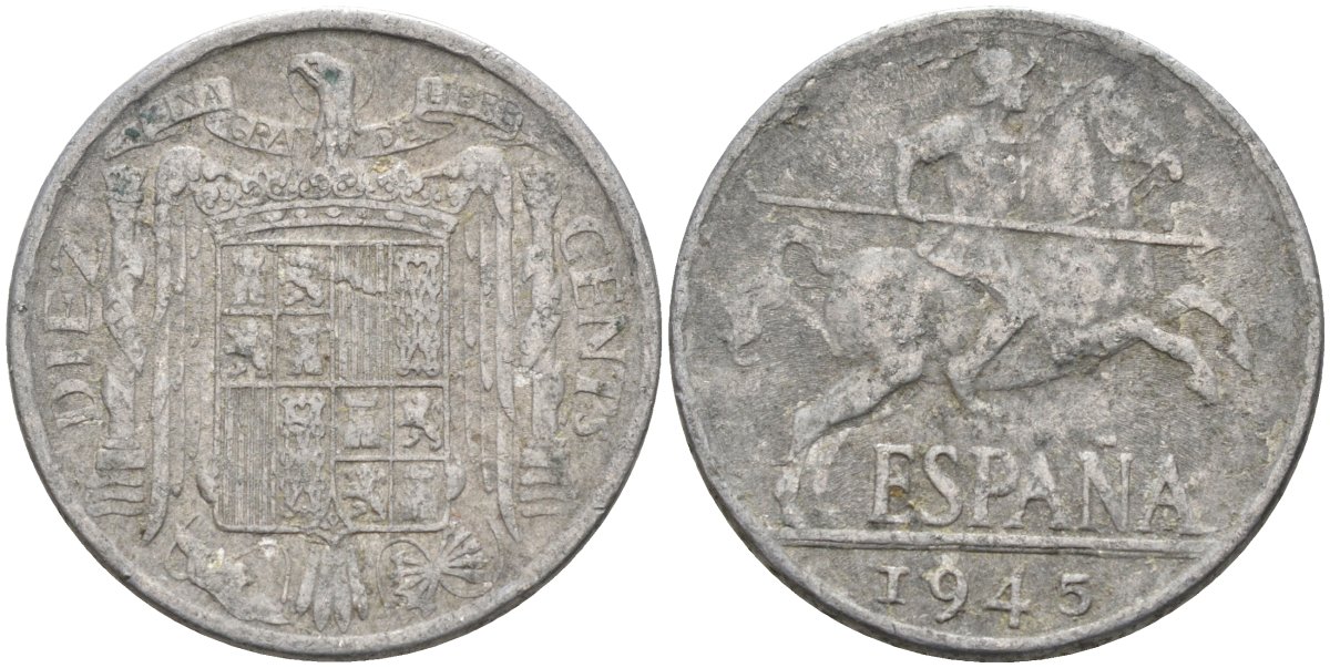 Испания 10 сентимо 1945 всадник KM 766 алюминий 4116-1052