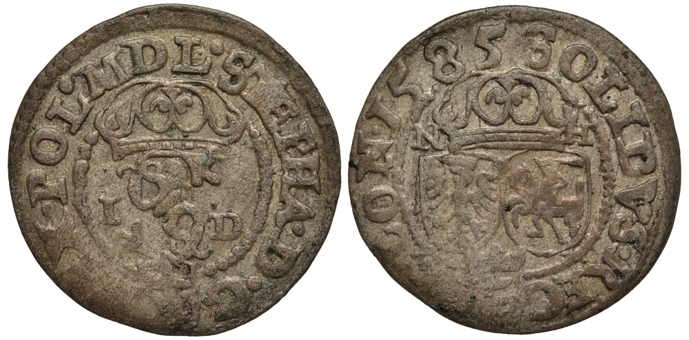 Польша 2 денари (шеляг) 1585 Стефан Баторий (1576-1586), вес 1,12 гр. серебро 1516-1534